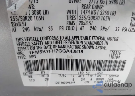 2016 Ford Explorer Limited z USA, uszkodzony, nr VIN 1FM5K7FH7GGA43818